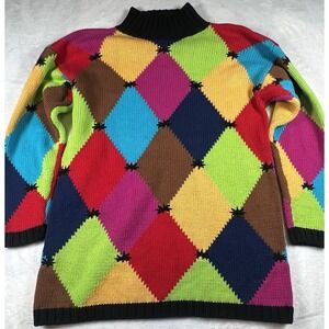 Westbound Women's Vintage Geometric Multi Color Black Cotton Size L  Sweater 90s